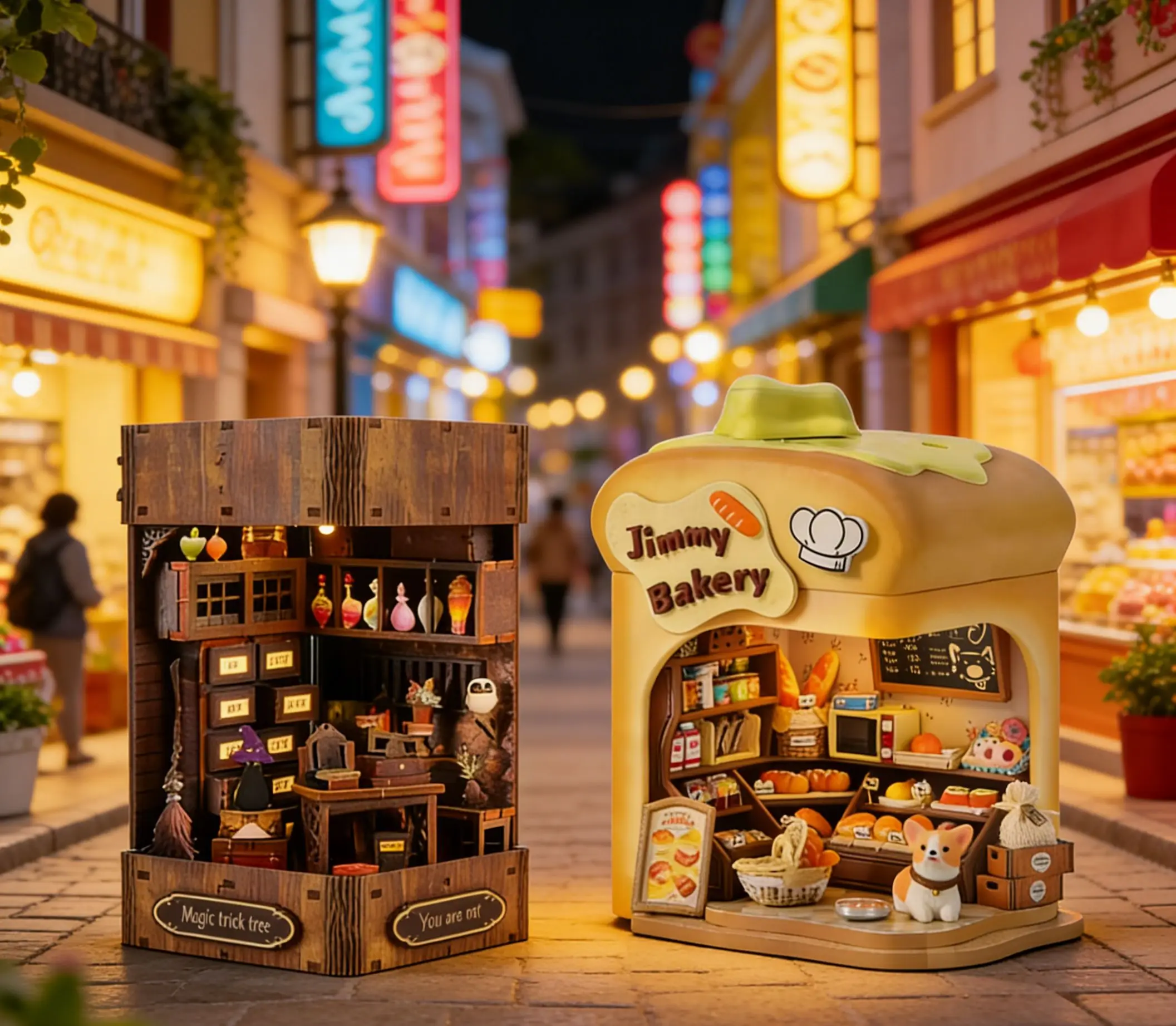 2-in-1 DIY 3D Wooden Miniature Kits: Magic Bookstore & Jimmy's Bakery - Handmade Decor & Birthday Gift for Craft Lovers