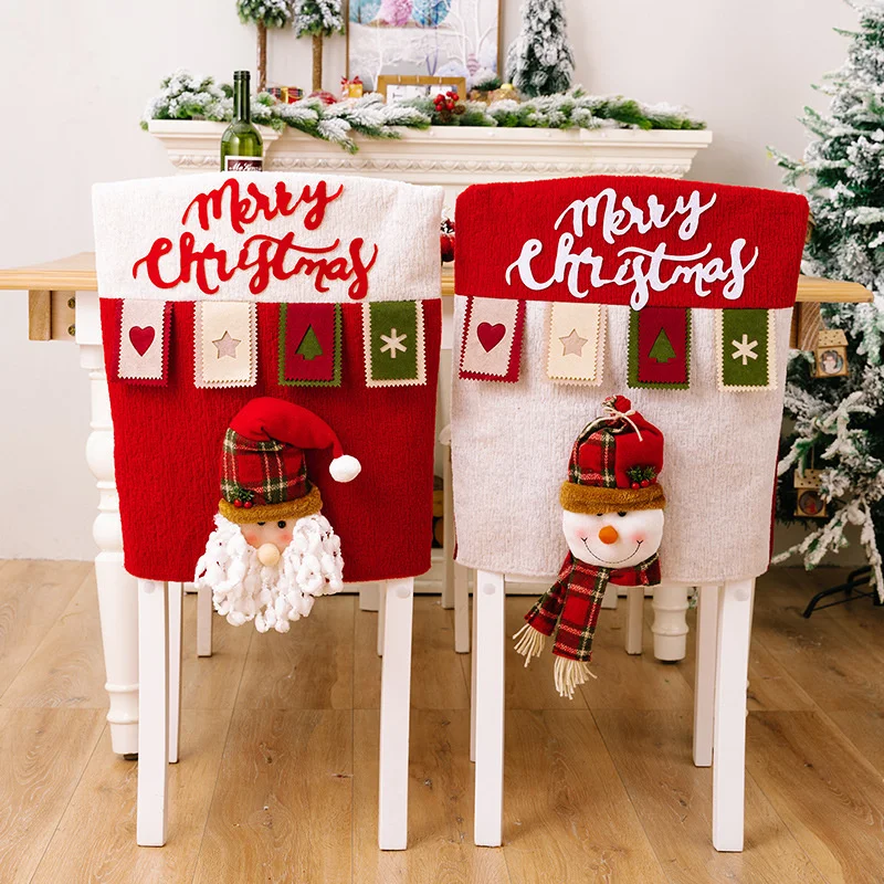 Christmas Chair Cover Santa Snowman Reindeer Chair Back Slipcover Dining Seat Covers Kitchen Home Party Decoration Ornament