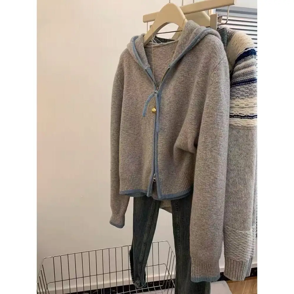 

ay Hooded Double Zipper Knitted Cardigan Sweater Women's Small Size Slimming Ele Top Design European Sle Spring Autum...