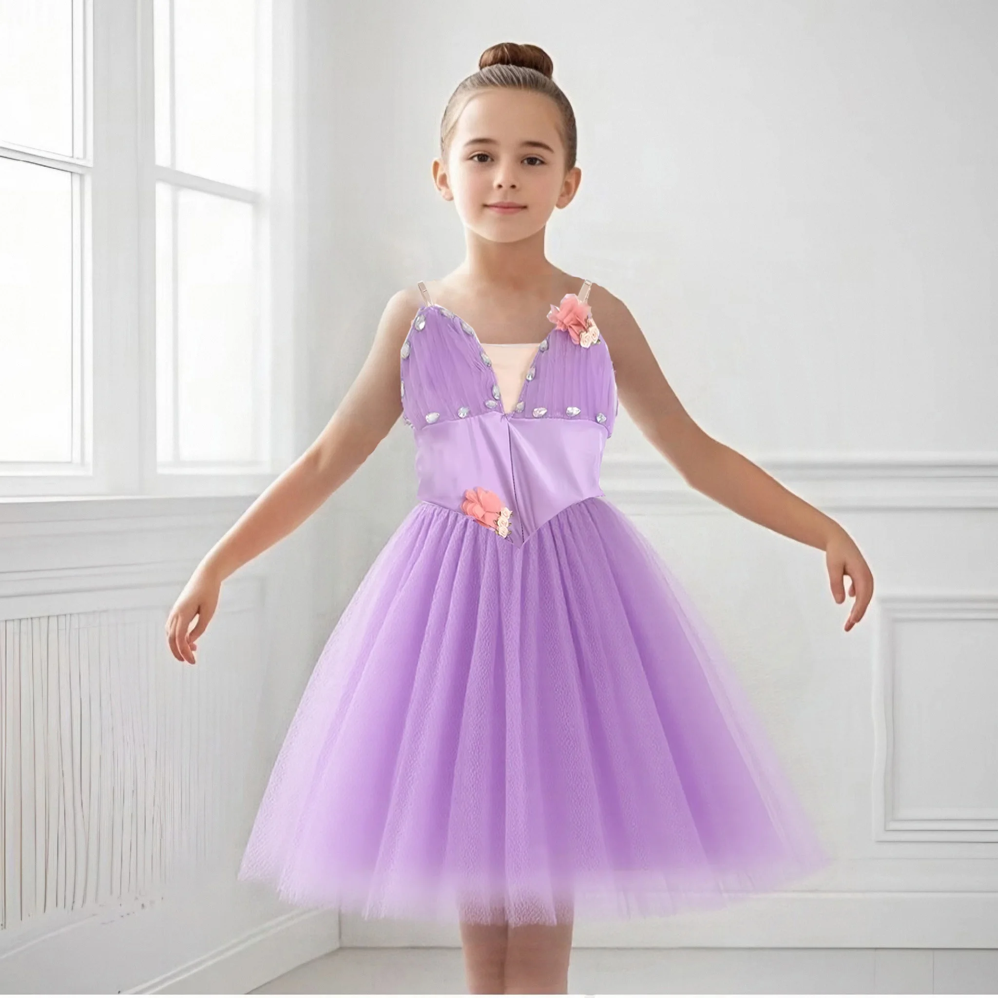 ชุดบัลเลต์เด็กผู้หญิงแบบโรแมนติก กระโปรงบัลเลต์ปักเลื่อมทอง กระโปรงบัลเลต์สำหรับการแสดง ชุดเจ้าหญิงยาว