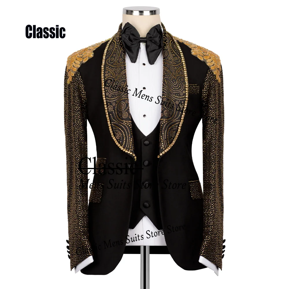 Fashion Jewelry Men suit Luxury Sequin Gem For Wedding Groom Male Prom Party Customized Glitter Blazer 3 Pieces Set Tuxedos Slim