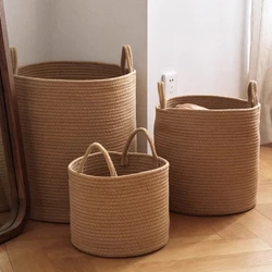 Handmade Woven Dirty Laundry Basket Foldable Cosmetic Storage Bucket Handle Cotton Linen Storage Baskets Clothes Toys Organizer