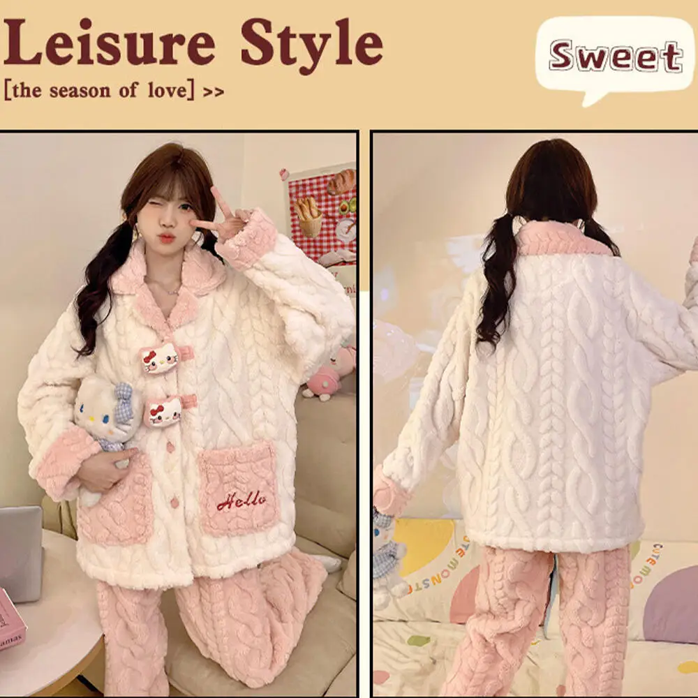 Conjunto de pijama de felpa Kawaii de Hello Kitty para mujer, camisón grueso de invierno de Anime Sanrio para niñas, ropa cálida para el hogar