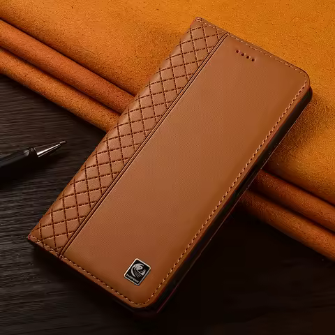 Napa Inner Grid Genuine Leather Flip Case For Realme GT7 GT7T GT8 Pro Phone Cover Card Cases Scratch Proof