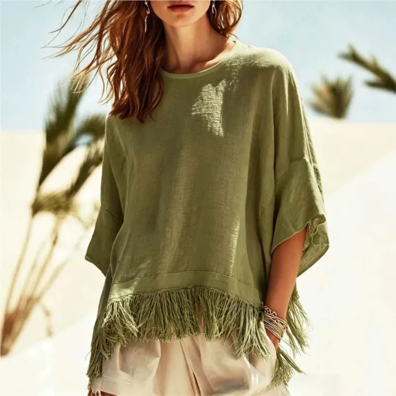 2026 New Women's Blouse Fall Winter New Fashion Casual O Neck Tassel Top T-shirt Mid-sleeve Streetwear Pullover Women Vintage