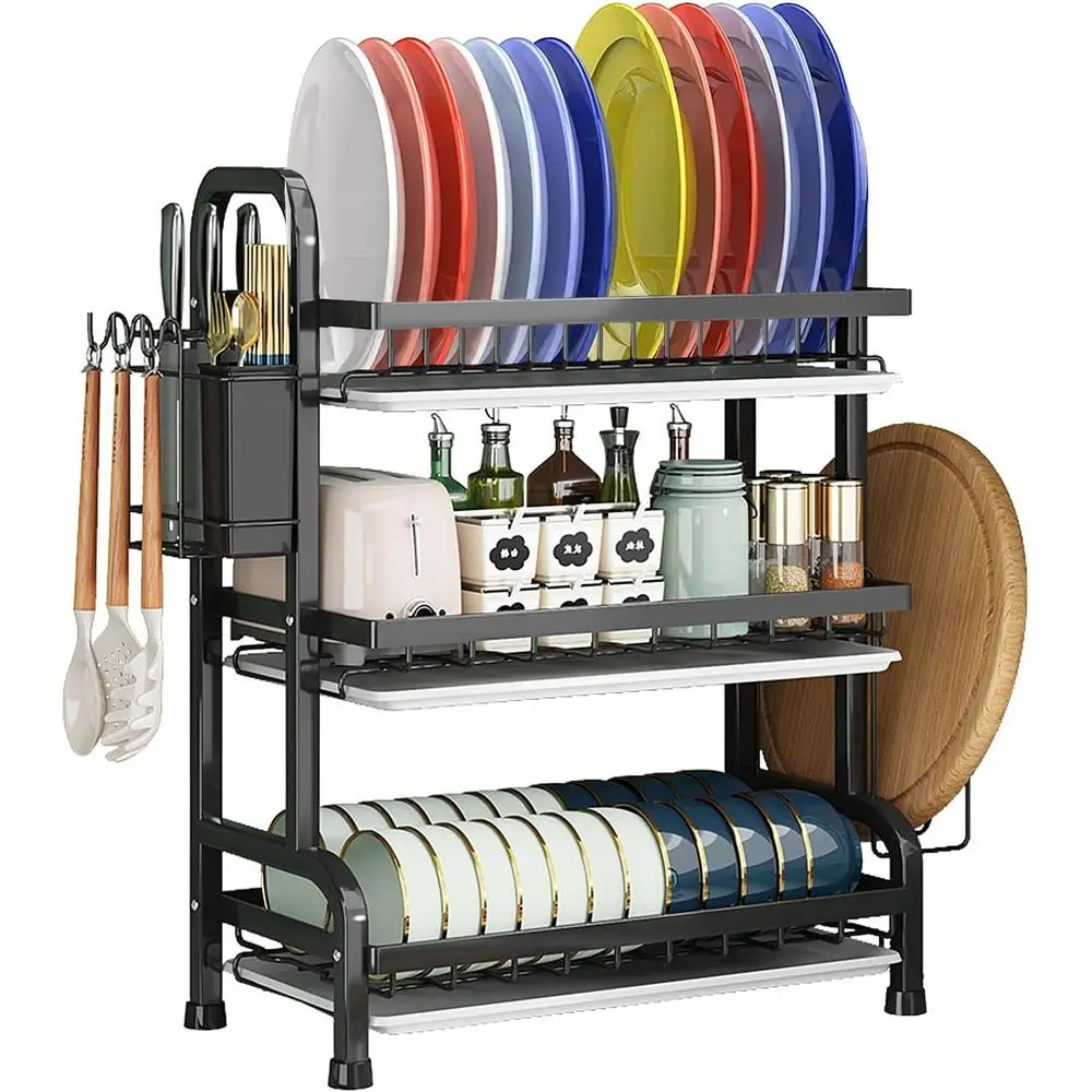 

Dish Drying Rack, Dish Racks Drainer, Over The Sink Dish Drainer Drying Rack 3 Tier with Drain Tray, Chopsticks Rack, Knife Hold