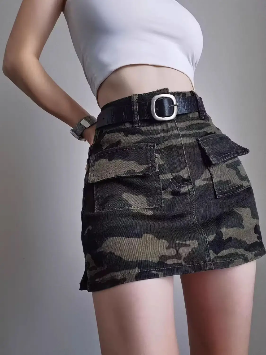 High Waist Cargo Camouflage Skirt Women's Summer Elastic Hip Wrap Spice Girl Pockets Short Skirt