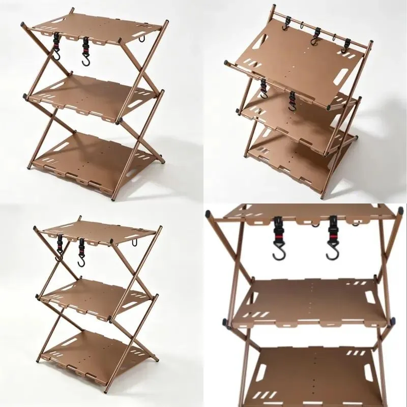 The three-story camping storage rack is made of carbon steel and steel plates, with a sturdy frame that folds quickly.