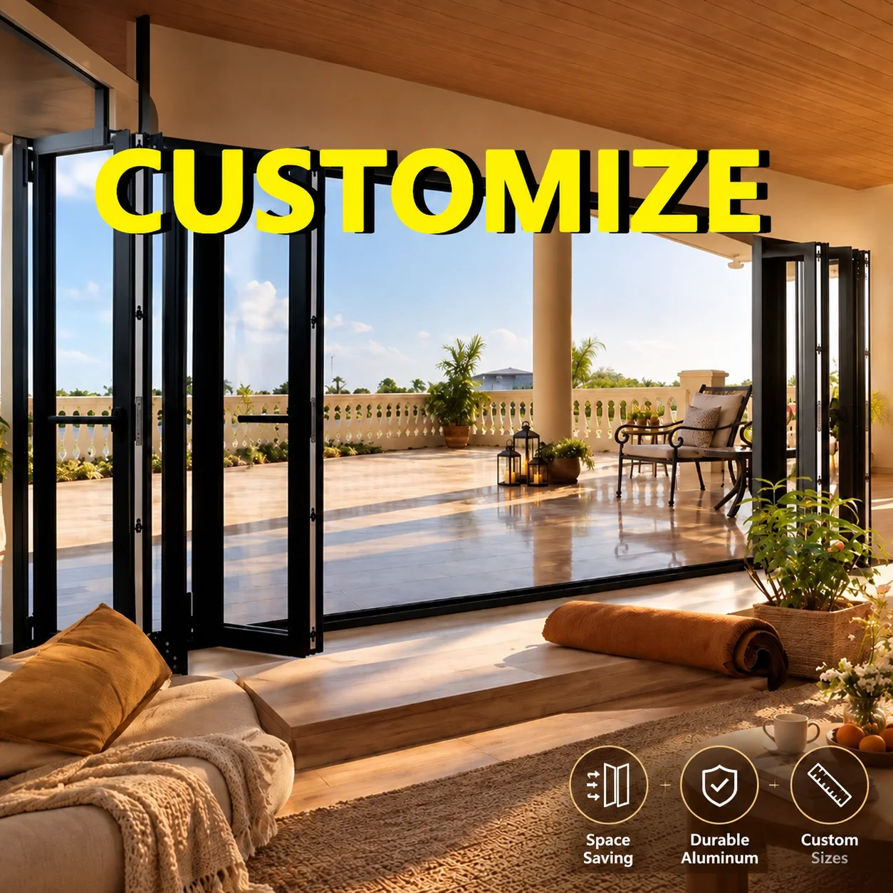 Custom Size Thermal Break Aluminum Bifold Door Tempered Glass Folding Patio Door Soundproof Waterproof for Residential Villa