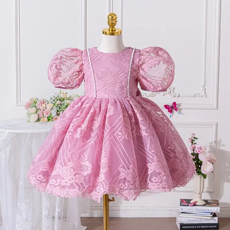 HETISO Baby Flower Dress Kids Girls Puff Sleeve Princess Pageant Birthday Lace Wedding Dresses Children's Formal Gown