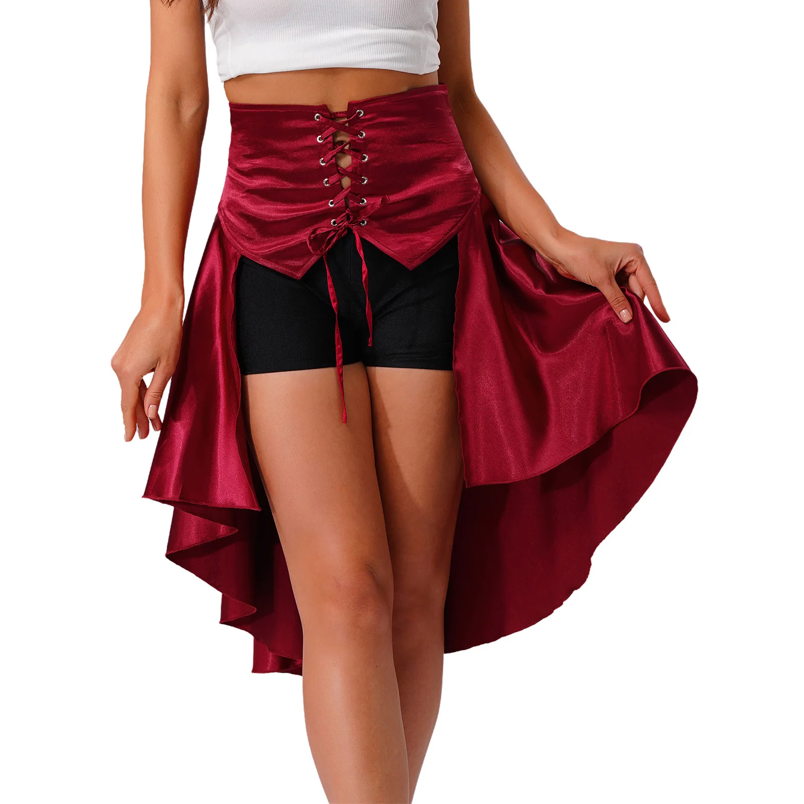 

Women Gothic Steampunk Lace-up Skirts Halloween Carnival Party Costume Front Eyelets High-low Hem Tiered Ruffled Skirt Role Play