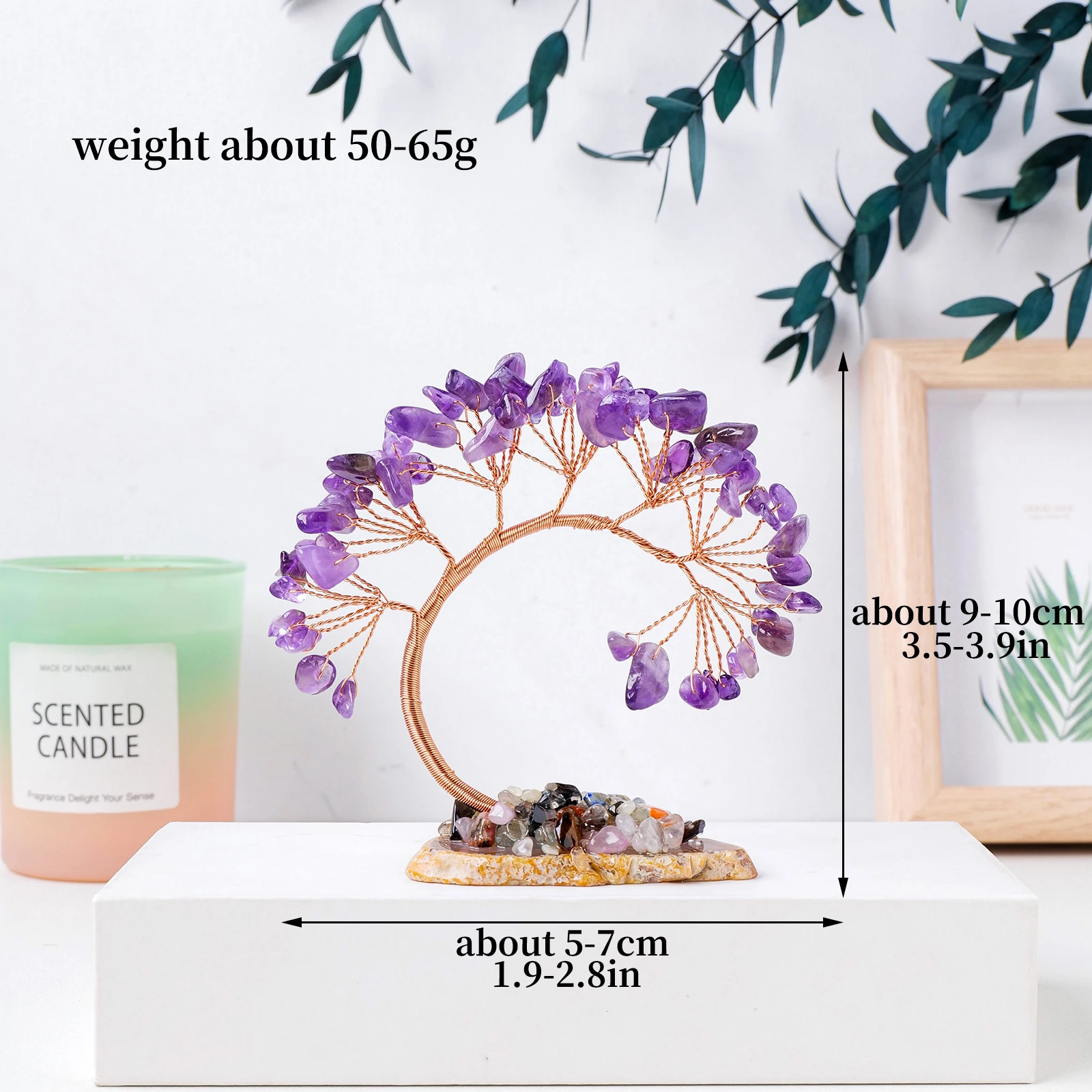 Natural Crystal Lucky Tree Copper Wire Winding Amethyst Gravel With Agate Slice Base Home Decoration Money Trees