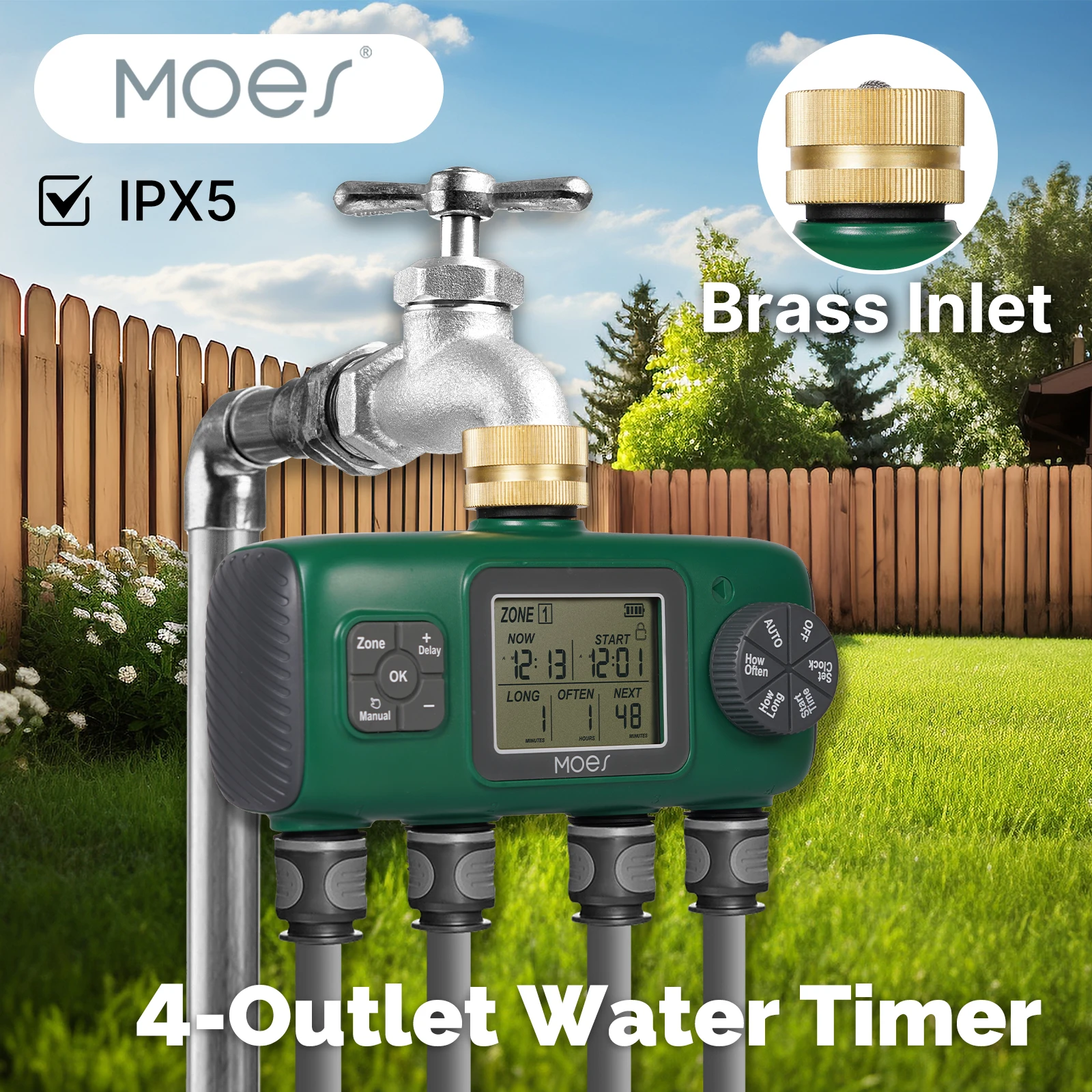 

MOES 4-Outlet Digital Water Timer Brass Inlet Knob Button Automatic Irrigation LCD Display Screen IPX5 Garden Tools Sprinklers