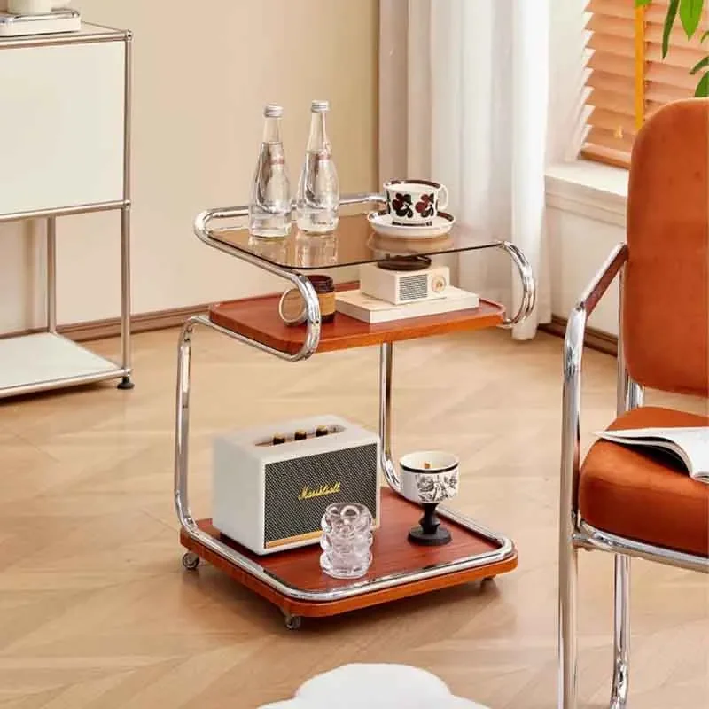Creative Glass Coffee Table,Pulley Trolley Tea Table,Stainless Steel Storage Rack,Home Living Room Side Tables,Nordic Furniture