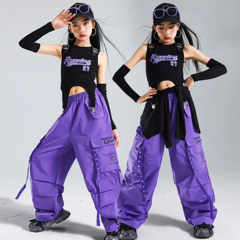 2025 Costumi di danza jazz per ragazze Gilet nero Pantaloni cargo Abbigliamento da ballo di strada Abbigliamento da ballo hip-hop per bambini