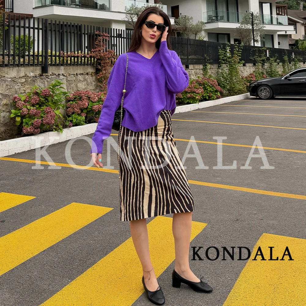 KONDALA Women Casual Zebra Midi Skirts Vintage High Street Split Skirts New 2026 Early Fall Trendy Elegant Commute Ladies Skirts