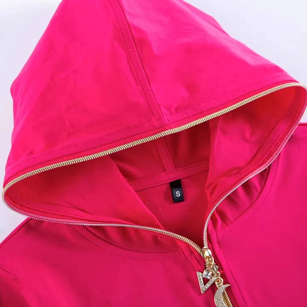 Women\'s 2024 new spring and autumn long sleeved hooded rose red top women\'s plus size t-shirt thin cut hooded zip chain trendy