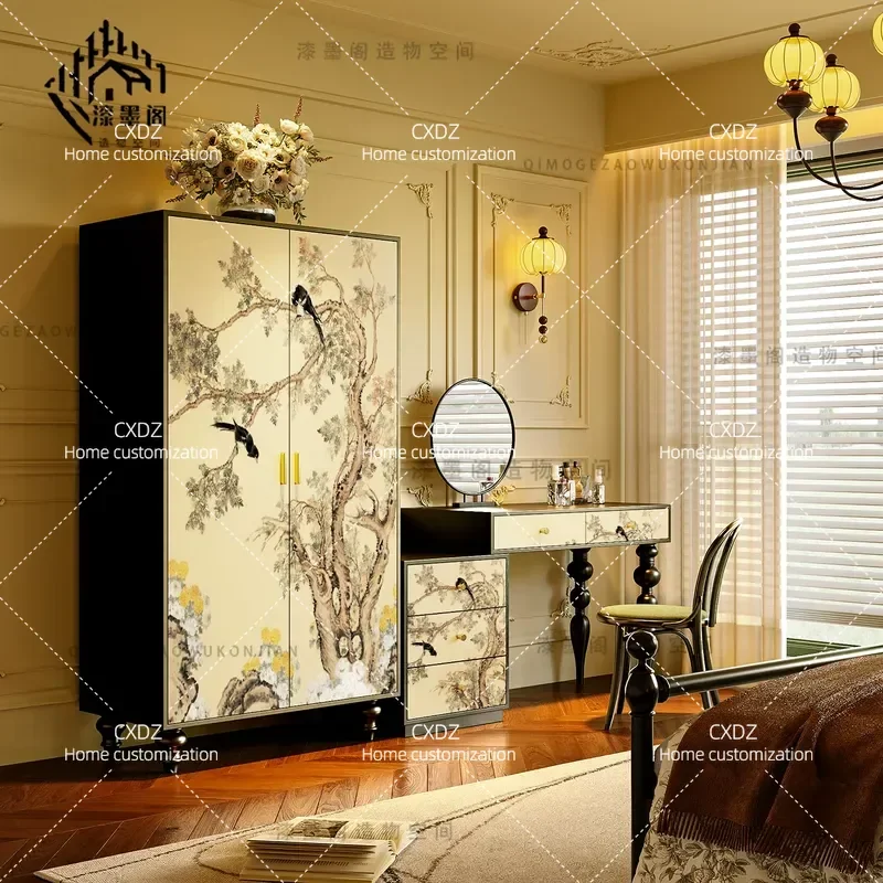 New Chinese Zen Style Solid Wood Wardrobe with Floral Map Design Living Room Bedroom Dresser Porch Storage Cabinet Locker