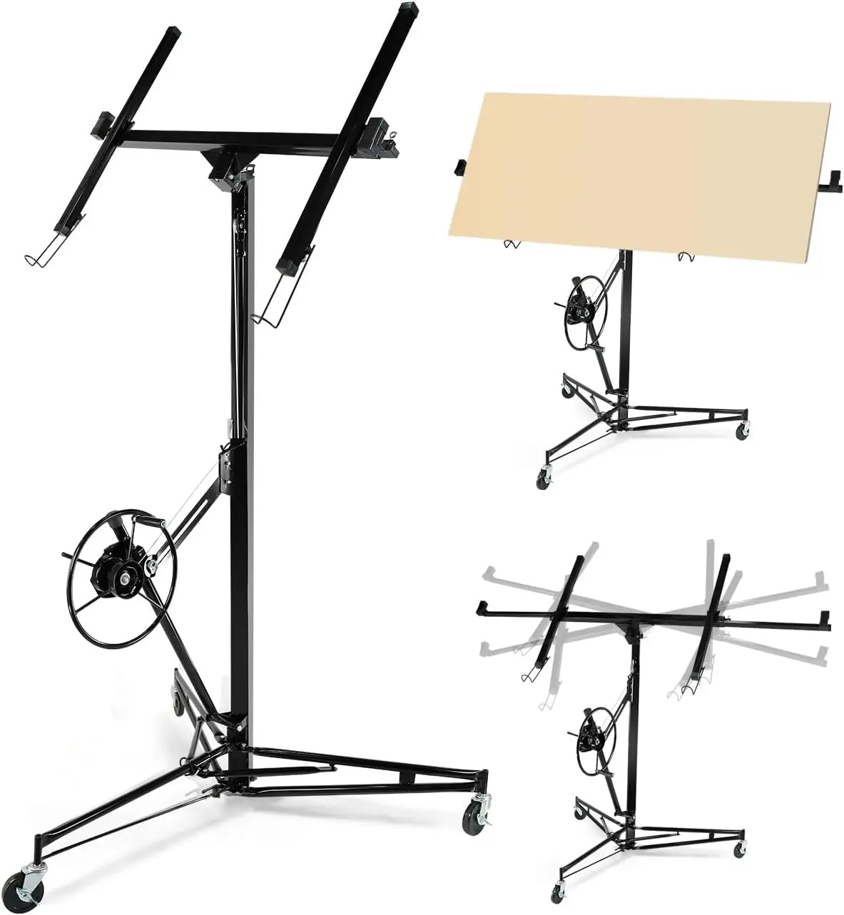 Tacleekii 11FT Adjustable Drywall Lift 150Lbs Heavy Duty Capacity Steel Panel Hoist with Telescopic Arm & Locking Wheels Single Person Drywall Lifter, Sheetrock Lift for Ceiling Installation