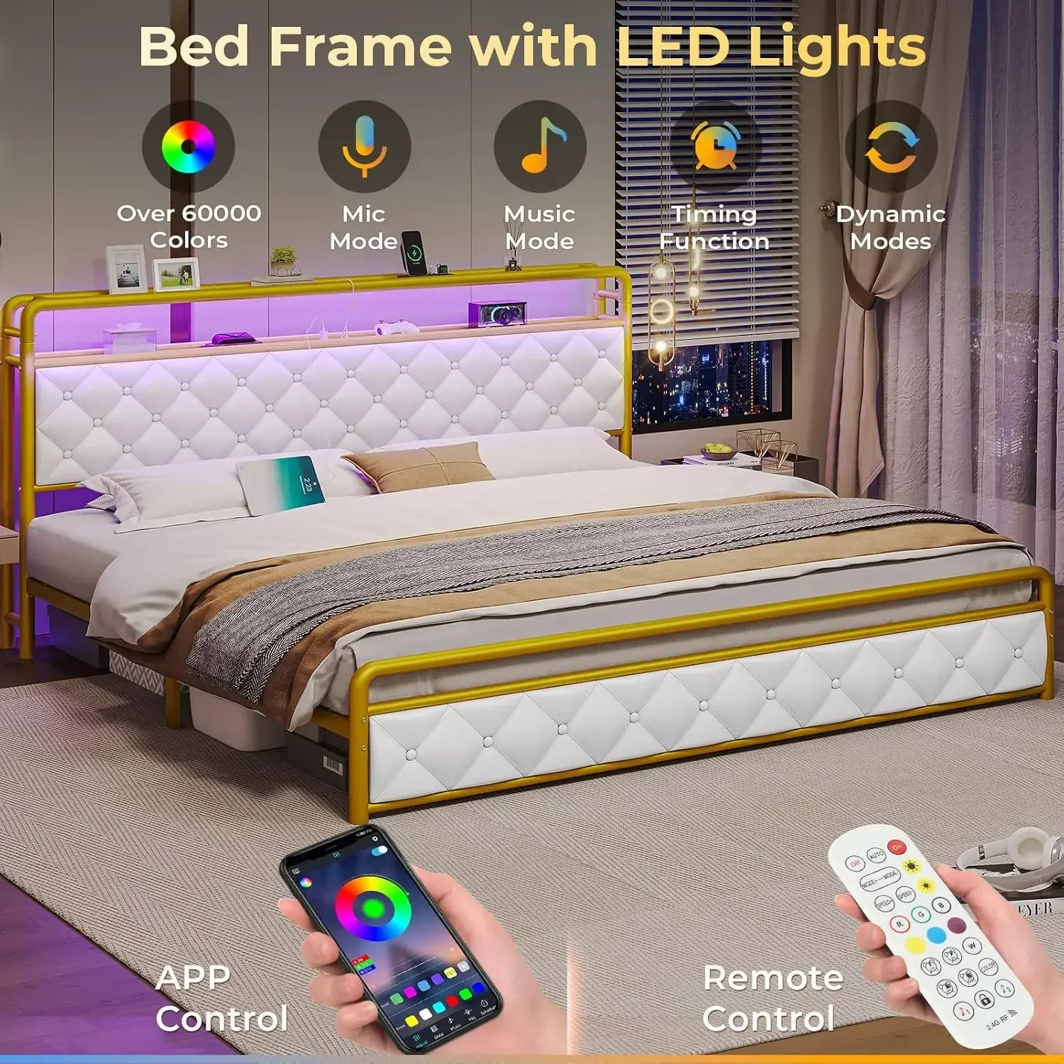 

King Bed Frame with LED Lights,Platform Bed King Size with 2 Tier Headboard Storage