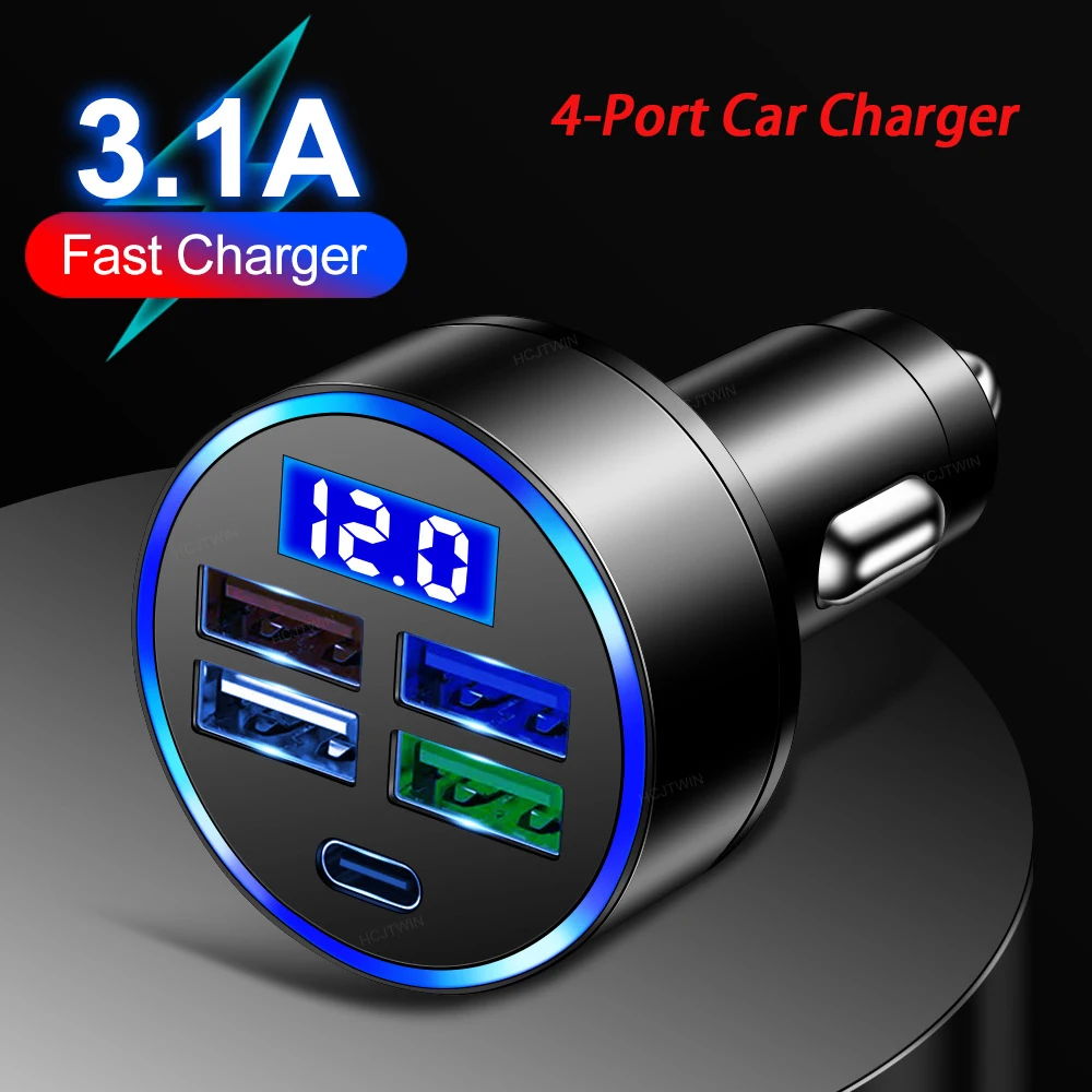 

15.5W 4-Port Car Charger With Type-c LED Digital Display 5-in-1 Car Charger With Voltage Detection Car Accessories