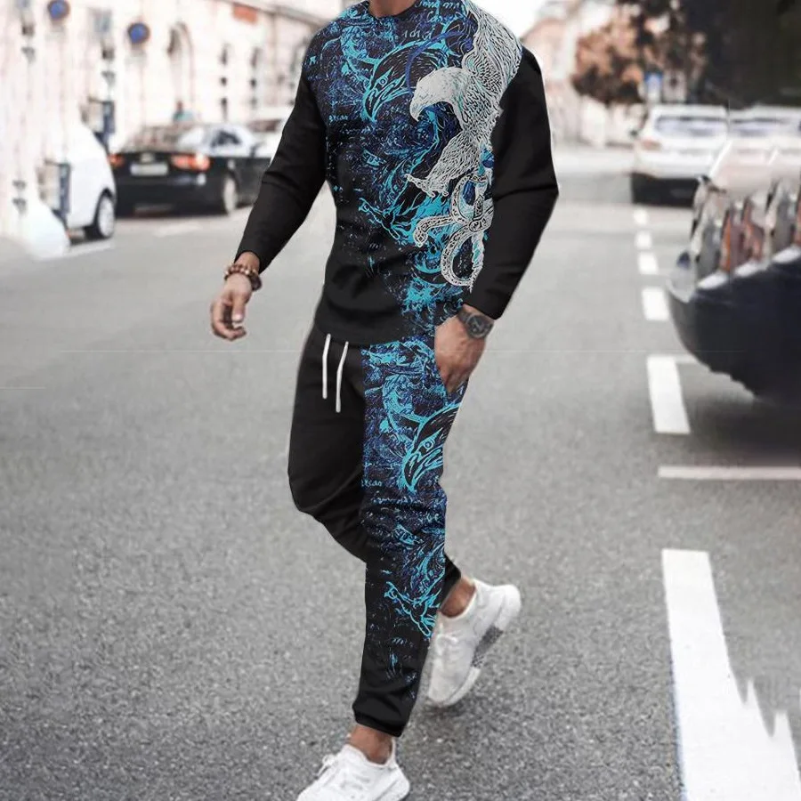 Fashion Men Casual Sportwear for Male Jogging Streetwear Lion 3D Print Oversize Long Sleeve Toursers Set 2-piece Gym Outfit