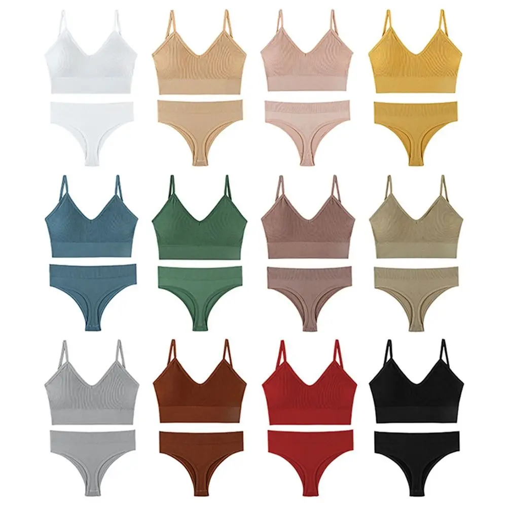 Ensemble soutien-gorge et culotte string sans couture, 2 pièces, soutien-gorge et culotte Push Up en tricot côtelé, taille haute, respirant