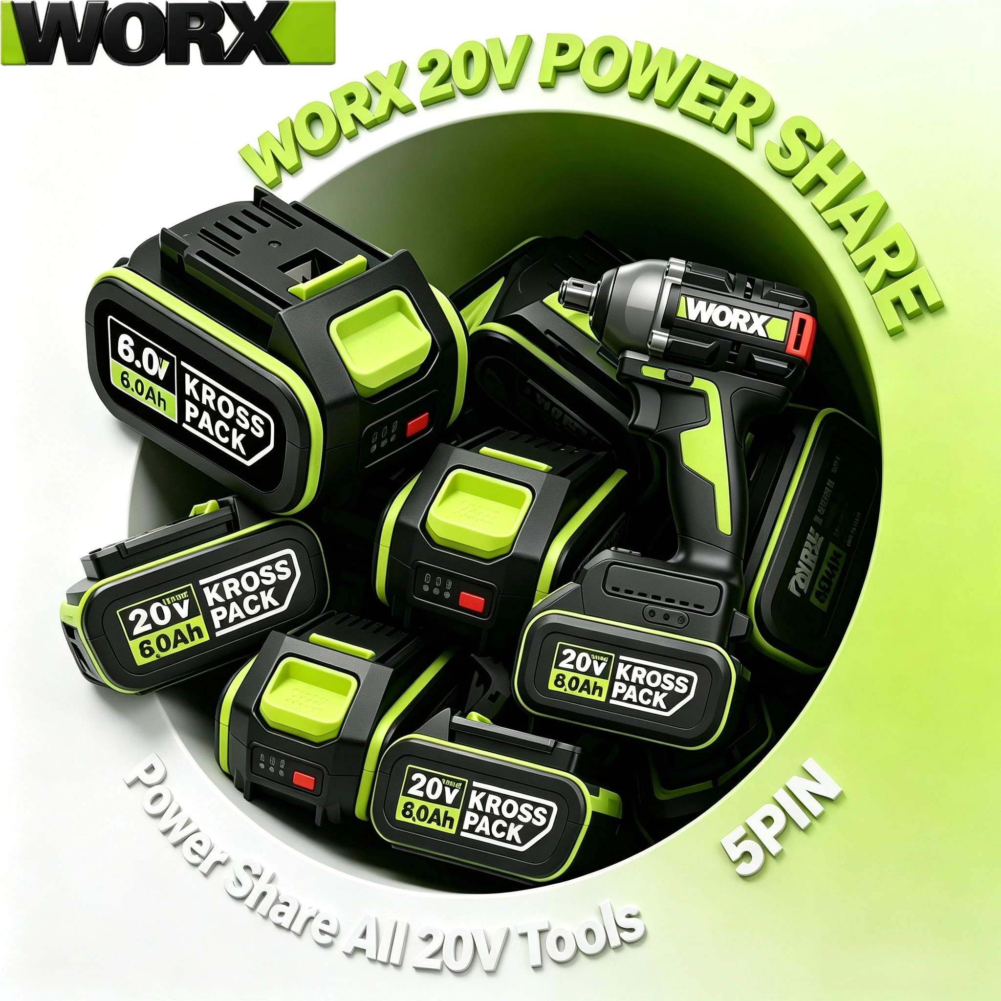 Genuine WORX 20V 5.0Ah 6.0Ah Rechargeable Lithium Battery WA3551 WA3553 WA3578 Full Compatible for WORX 20V Cordless Power Tools