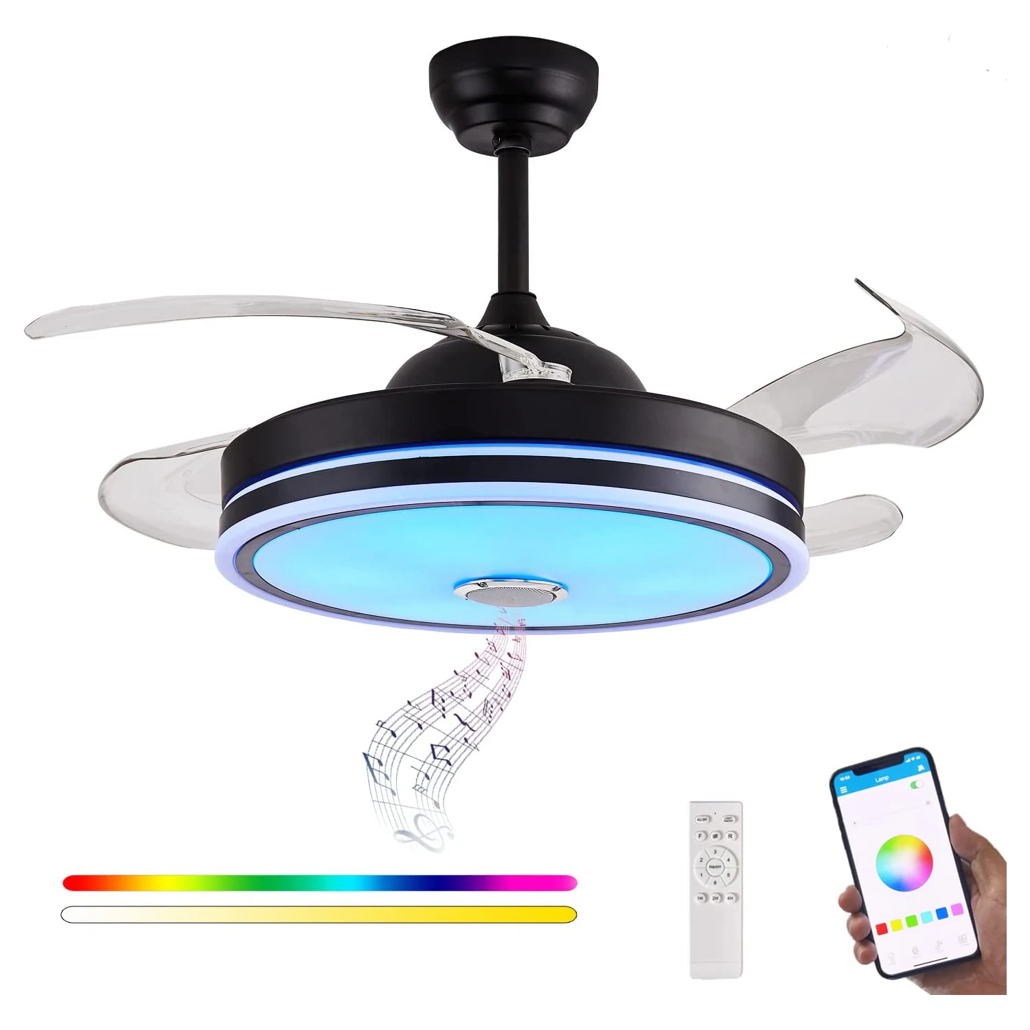 Ventilateur de Plafond RGB avec Haut-Parleur Bluetooth et Télécommande, Idéal pour un Salon ou un Restaurant