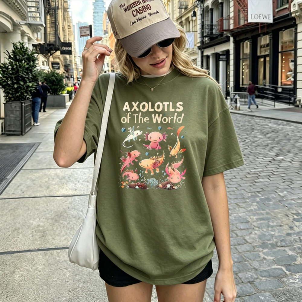 Axolotls of The World Multi Color Cartoon Axolotl Group Underwater Print T Shirt Cotton Amphibian Animal Lover Cottagecore Tops