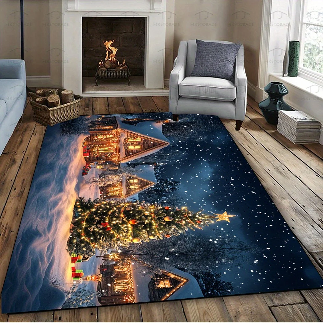 1pc Christmas Snowy‑Night Scene Washable Area Rug, Festive Home Decor for Living Room, Bedroom, Dorm & Camping, Suitable