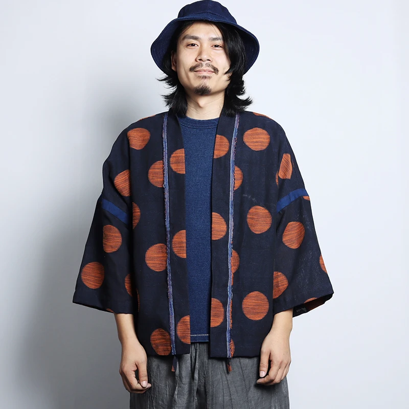 Japanese Vintage Yarn Dyed Robe Men Spring Autumn New Washed Embroidery Indigo Thin Raglan Sleeve Jacket Casual Cardigan Coat