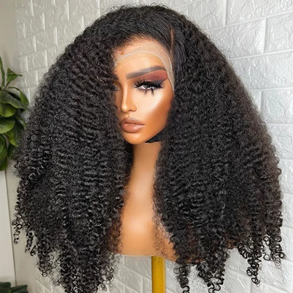 Natural Black Soft 26inch Glueless 180Density Long Kinky Curly Deep Lace Front Wig For Women With Baby Hair Preplucked Daily