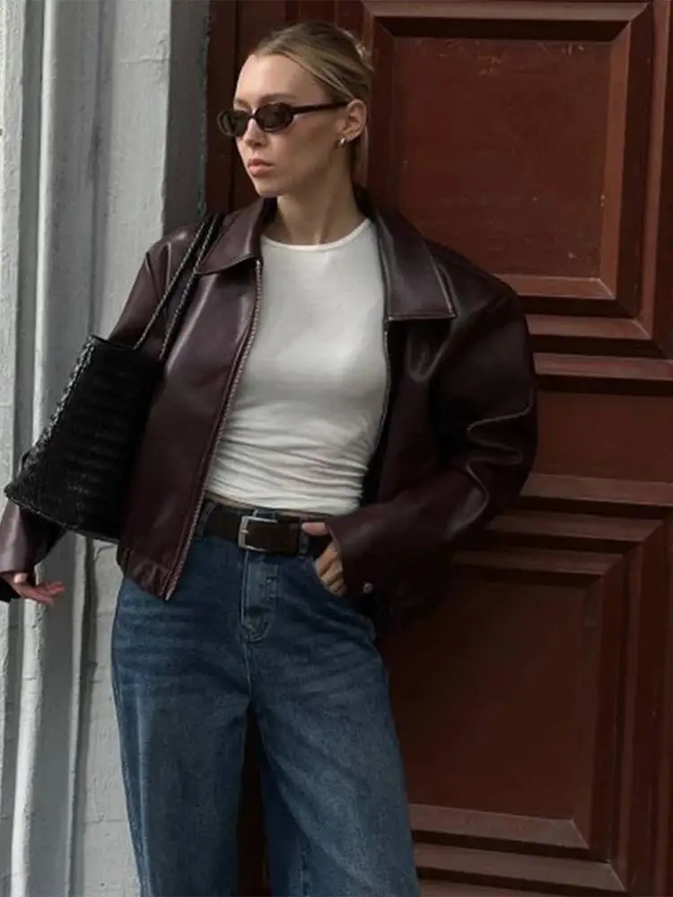 

Casual Leather Jackets Women Loose Lapel Zipper Pocket Long Sleeves Pu Coats Female 2024 Autumn High Street Soft Outwears Lady