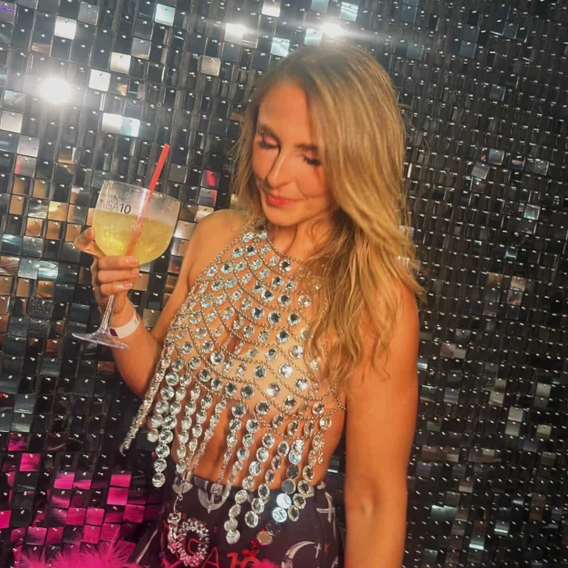 Damen Silber Mehrschichtiges Strass-Neckholder-Crop-Top Sexy Kristall-Körperkette Weste Festival Party Nachtclub Schmuck Damenkleid – Detail 2