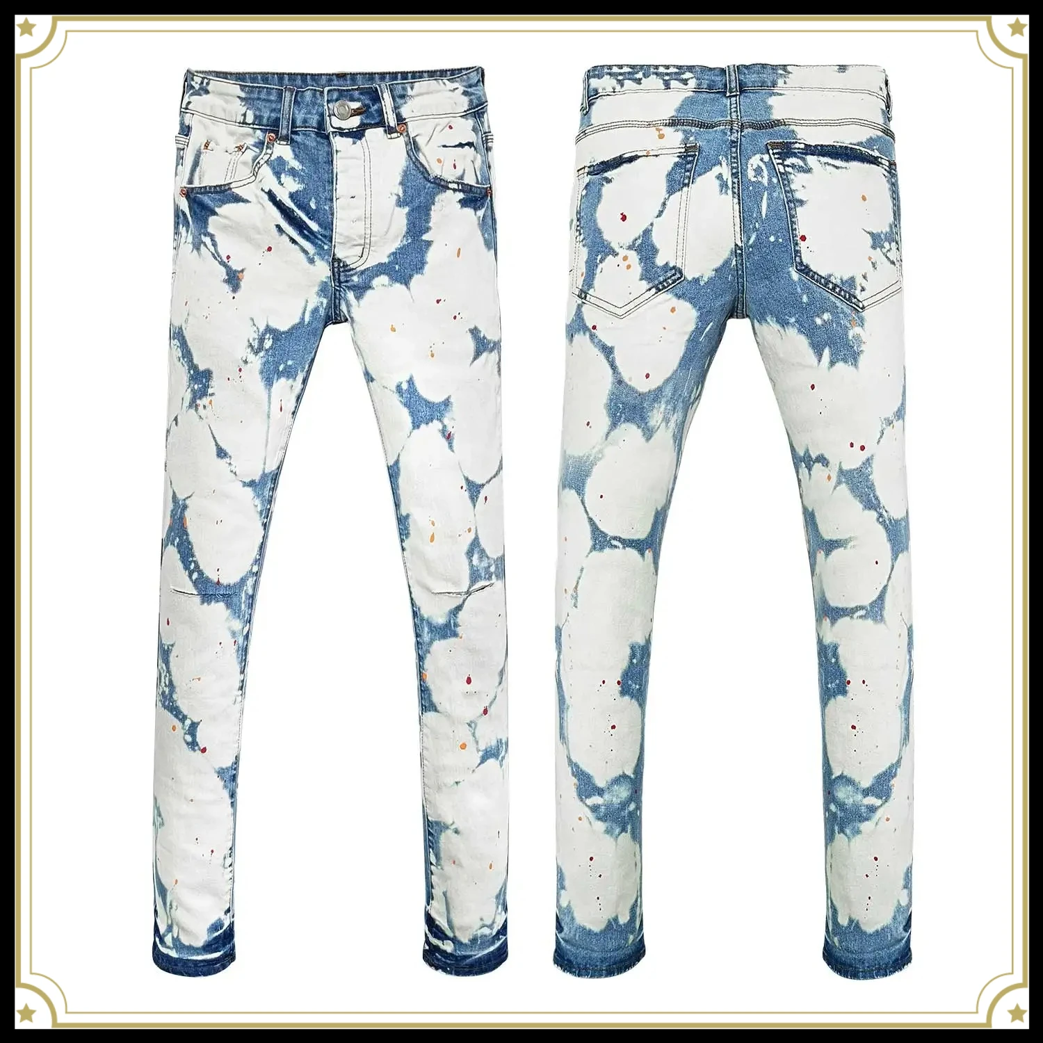 New Jeans Men Fashion Retro wash Light Blue Splashing ink graffiti print personalized dilapidated Elastic Skinny Ripped Jeans