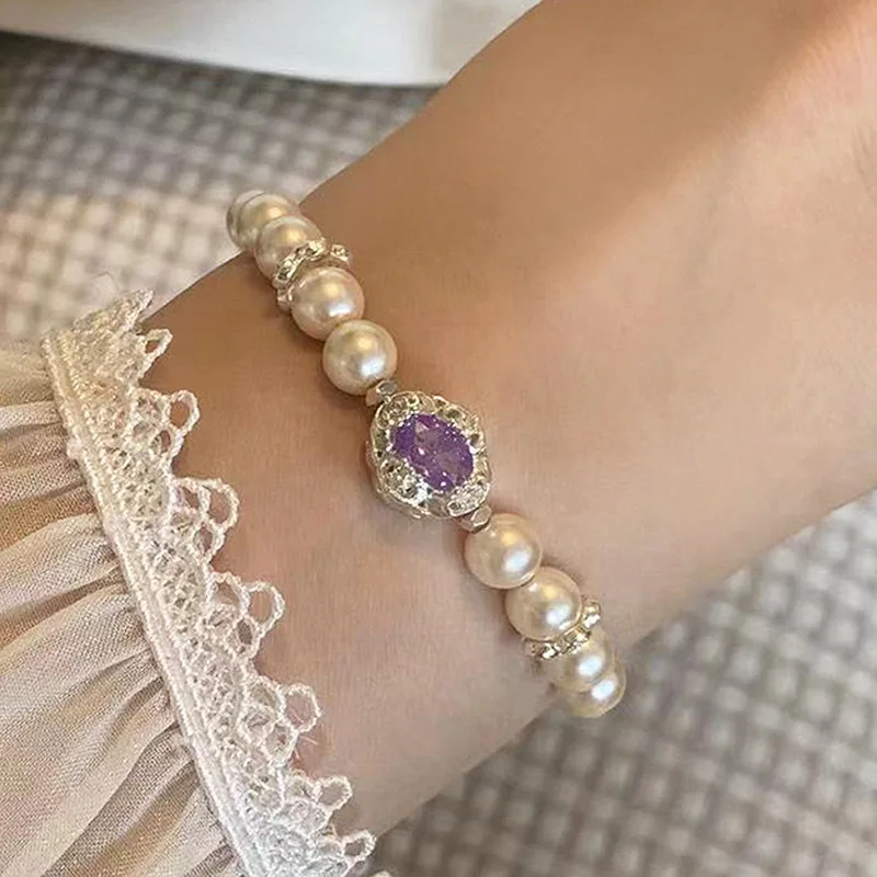 High quality new in white pearl bead bracelet for women dreamy diamond inlay silver 925 amethyst bangles elastic rope jewelry