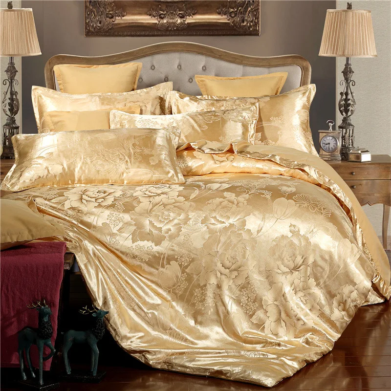 

High End Satin Jacquard Summer Bedding Set European Solid Color Silky Skin-Friendly Bedsheet Kit 200X230Cm Double Bed Duvet Set
