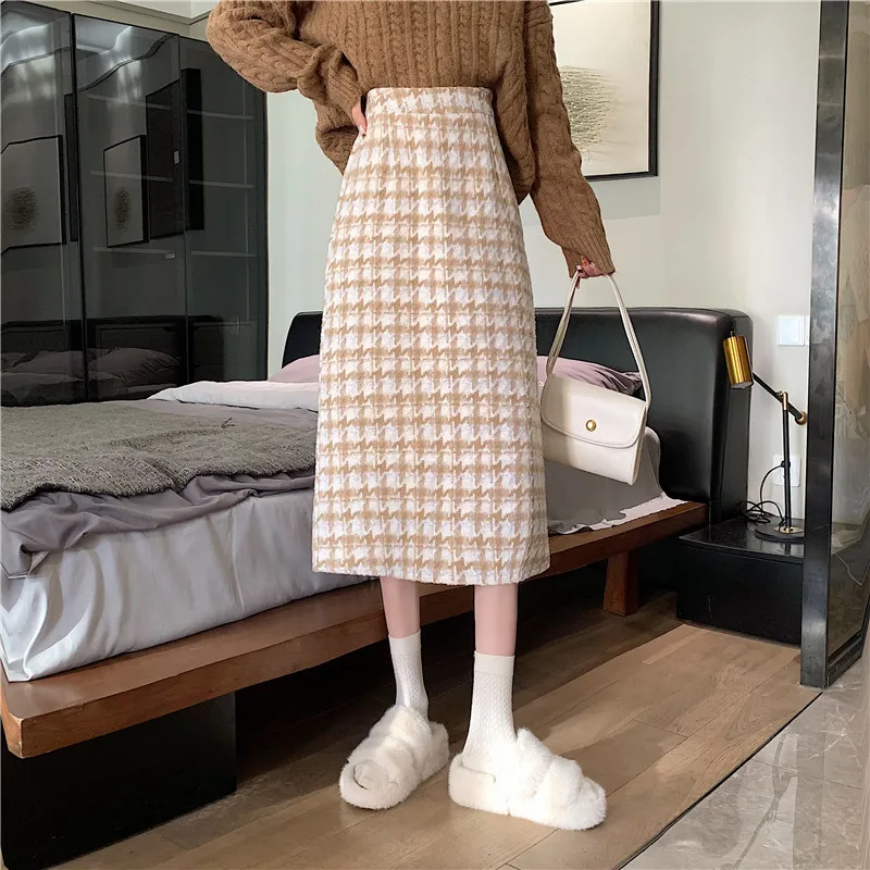 

Women 2024 Autumn Winter New Houndstooth Plaid Woolen Skirt Female High Waist Plaid Ladies Long Slim Package Hip Skirts Q981