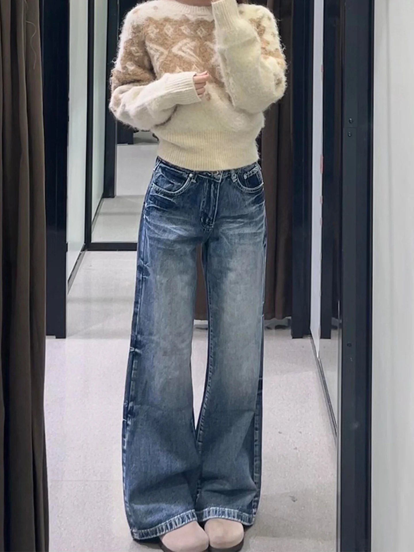 Cintura alta sino bot denim jeans feminino outono inverno thiened retro waed design sentido americano sle solto ajuste jeans