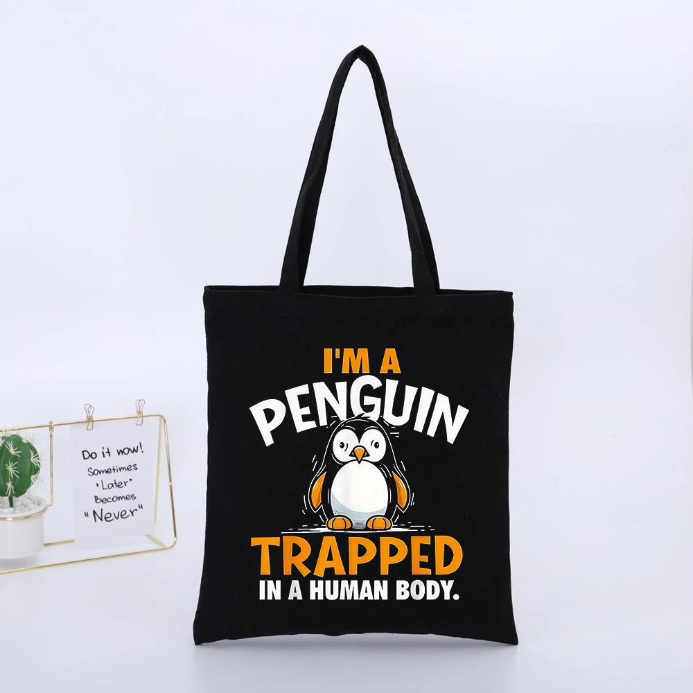 Penguin Graphic Canvas Tote Bag with Slogan Print, Casual Style for Daily Shopping and Outings