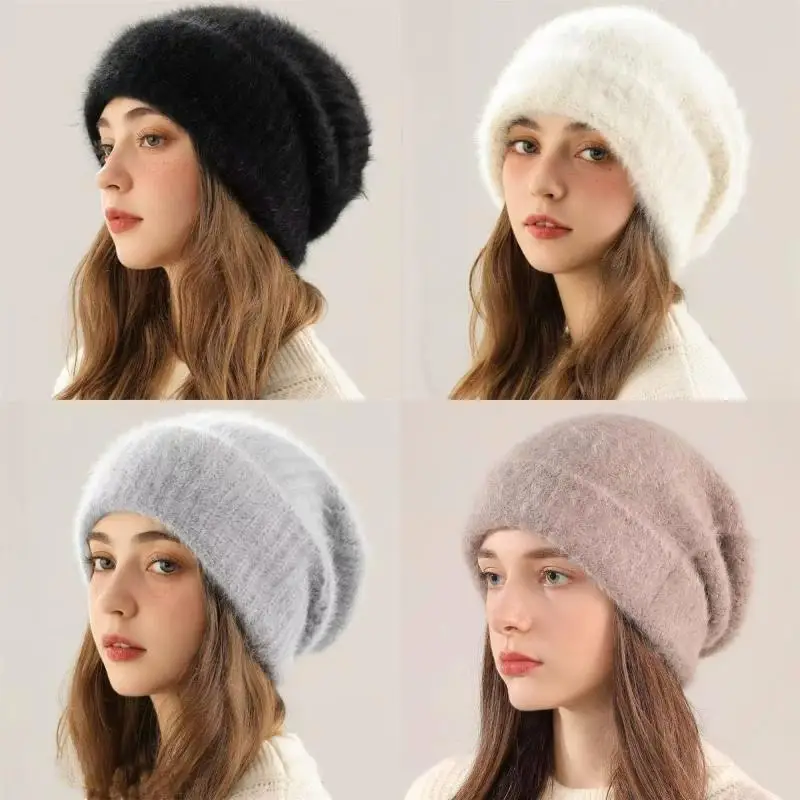Faux Rabbit Fur Knitted Beanie Women Winter Warm Thick Soft Hat Slouchy Loose Baggy Skull Cap Female Fluffy Plush Bonnet