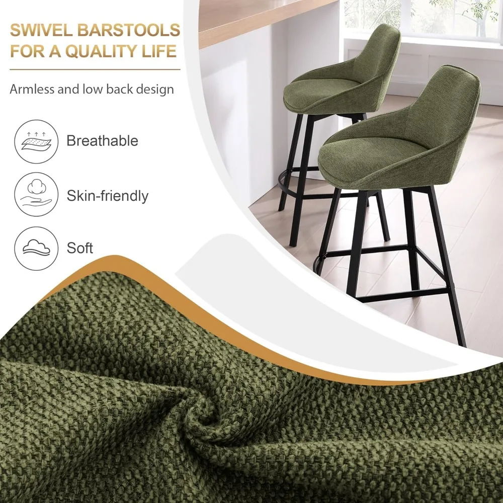 Swivel Bar Stools Set of 4, Counter Height Barstools with Backs, Linen Fabric High Chairs for Island Kitchen, Bar Stools