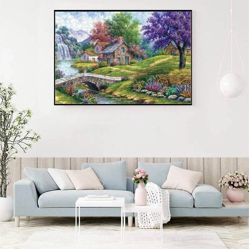 75*50cm Adult 1000PCS Paper Jigsaw Puzzle Stone Houses in The Woods Landscape Series Stress Relief Entertainment Children Toy
