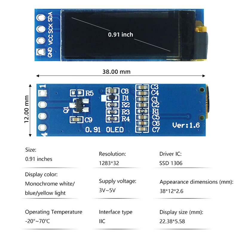0.91 Inch OLED Module White/Blue/Yellow OLED 128X32 OLED LCD LED Display Module 0.91" 4-Pin Monochrome IIC Communicate