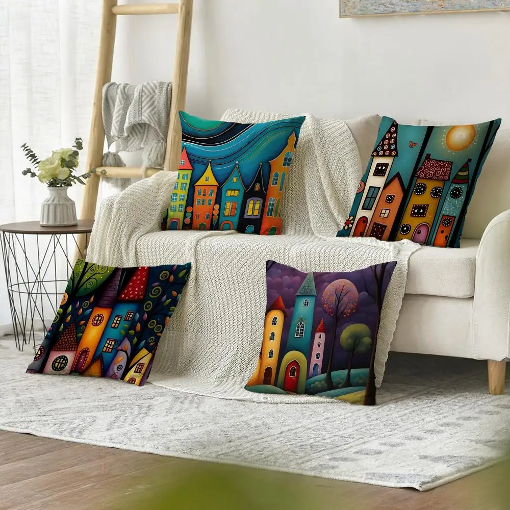 

Painted Forest House Cushion Cover Organic Linen Pillow Case Double-Sided Print Cushion Cover for Sofa Home Decor Gift