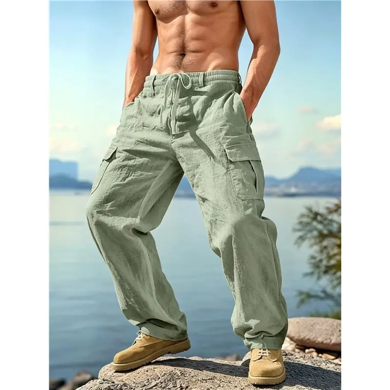 NEW-Men's Drawstring Waist Wide Leg Multi Pocket Cargo Pants