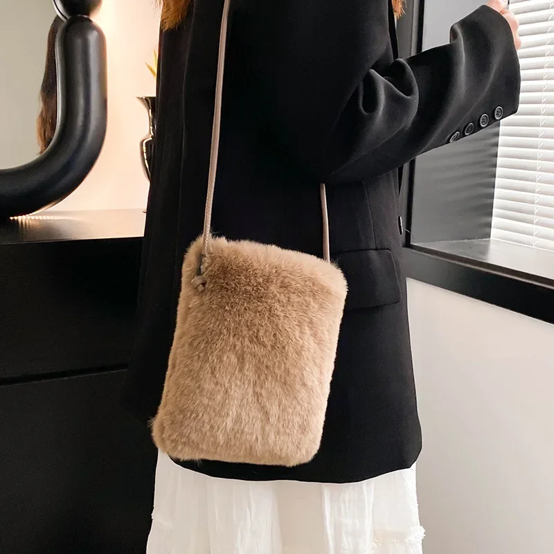 Autumn and Winter Female Bag Niche Simple Cute Plush Bag Single Shoulder Crossbody Rabbit Hair Makeup Mobile Phone Bag