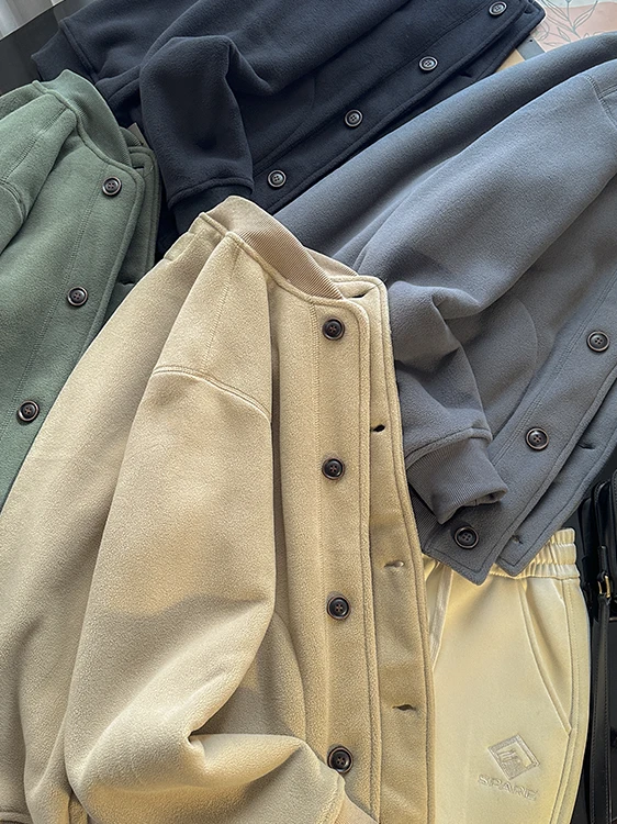 

Thiened Fce Baseball Jaet Stand Collar All-Match Warm Coat for Men Retro Sle Long Sve Casual Outerwear