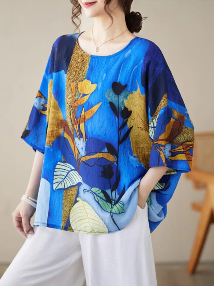 Oversized Summer Pullover Tops Women Floral Print Fashion Loose Pleated Ladies Blouses Casual Short Sleeve Woman Tops